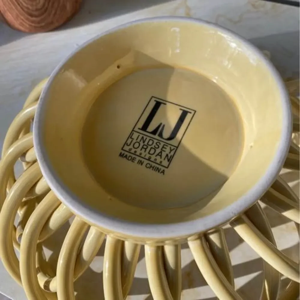 Lindsey Jordan Designs Ceramic Basket Bowl Fruit Bowl Centerpiece Yellow Weave